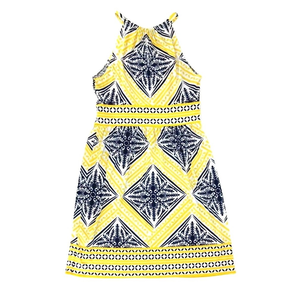 Coastal Mediterranean Halter Sheath Dress Blue Yellow Tile Print Preppy Resort 6 - Picture 3 of 11